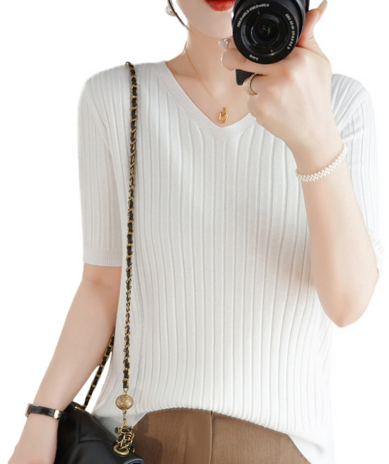 여성용 베이직 브이넥 골지 부드러운 반팔 니트
