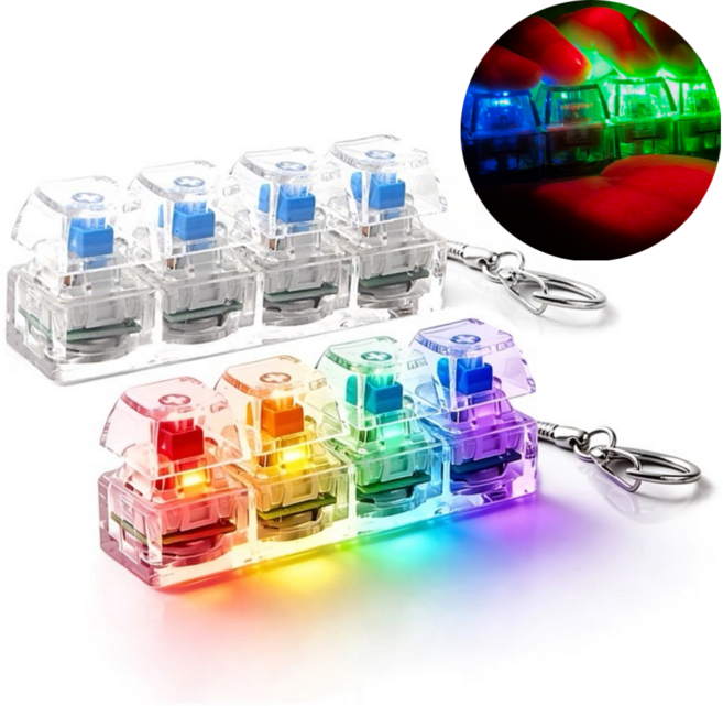 제이템 삐까번쩍 LED 키보드 키캡 키링 4구 불빛 딸깍이 키보드 키링, 1개, 클리어 투명