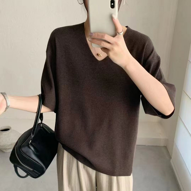 여성 데일리 군살커버 루즈핏 심플 무지 브이넥 5부 반팔 니트티