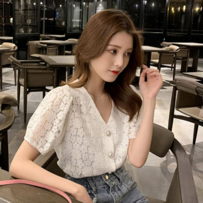 여성 브이넥 블라우스 레이스 자수 시스루 섹시 봄가을