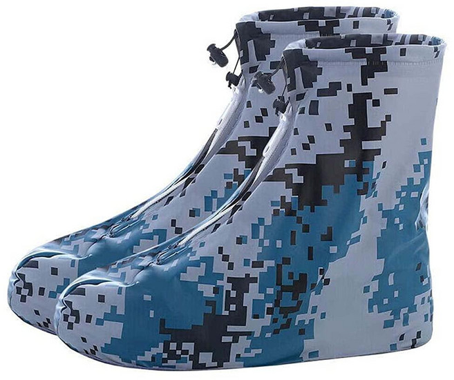 SooGree 레인 부츠 방수 신발 커버 모래 제어 미끄럼 방지 커버 갈로시 PVC 고무 밑창 재사용 가능한 스노우 오버슈즈 사이클링 야외 캠핑 낚시 정원용 (XL 카모플, 카모플라쥬 블루