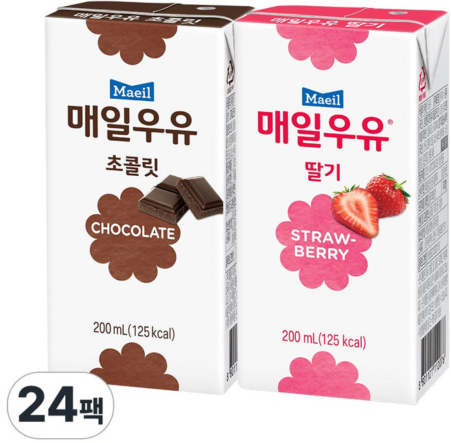 매일우유 멸균우유 200mlx24팩 딸기우유 초코우유 커피우유 혼합가능, 딸기우유12팩+초코우유12팩, 1세트, 200ml