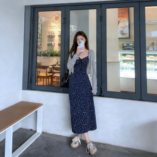 BiimTee 여성 플로럴 스트랩 원피스 가디건 세트 반팔 하이웨이스트 미디 원피스 캐주얼 데일리 세트