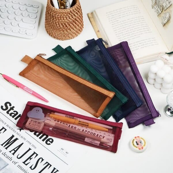 컬러풀 메쉬 투명 대용량 필통 파우치 케이스, 레드, 1개