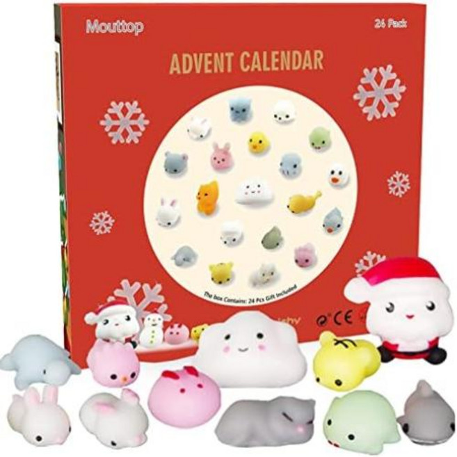 Mouttop 어드벤트 캘린더 2023년 야광 모찌 산타를 포함한 동물 스퀴시 크리스마스 24팩 재사용 가능 귀엽고 사랑스러운 파티 남자 여자 아이들을 위한 선물 2023 2024