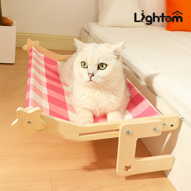 라이톰 튼튼한 창틀&침대 프레임 고정식 고양이 해먹, 1개, 체크핑크