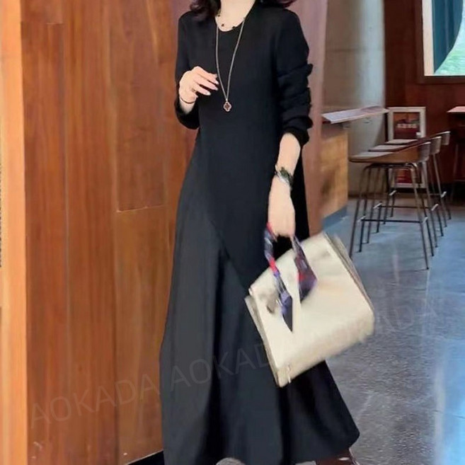 AOKADA 여성 봄 가을 루즈핏 언밸 레이어스 절개라인 긴팔 데일리 캐주얼 롱 원피스