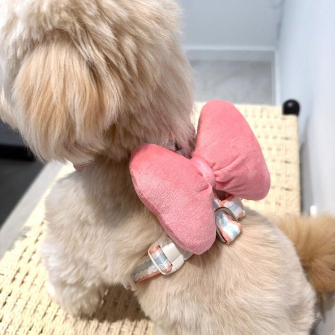 Coablu 강아지 리본 하네스 베스트 타입 앞섬방지 리드줄 세트 소형견 가슴줄, 1개, 핑크