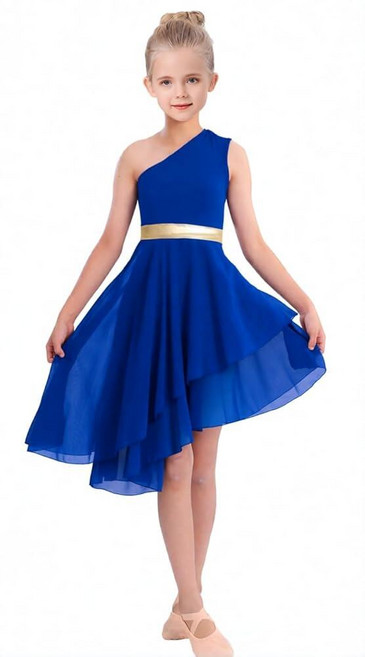 ORIDOOR Oblique Shoulder Praise Dance Costume for Girls Metal Irregular Worship Ceremony Lyrical, 9~10세, 02-로열 블루