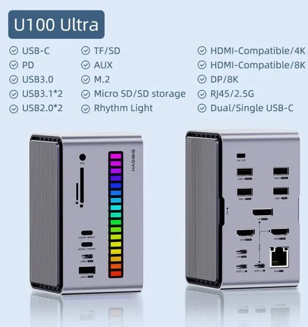듀얼 HDMI 모니터가 포함된 Hagibis USB C 도킹 스테이션 M.2 SSD 인클로저 이더넷 100W PD 허브 SD/TF-U10, 01 U100