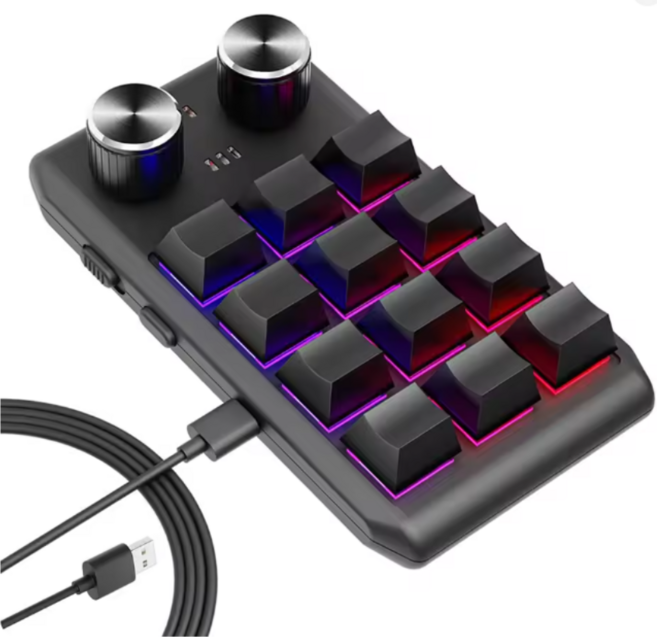 블루투스 무선 프로그래밍 매크로 커스텀 블루투스 키보드 RGB 12 키 복사 붙여넣기 미니 단추 게이밍 키패드 기계식 핫스왑 메크로패드 2 노브 메크로, 적축, 메크로 12키, Black 블루투스+유선