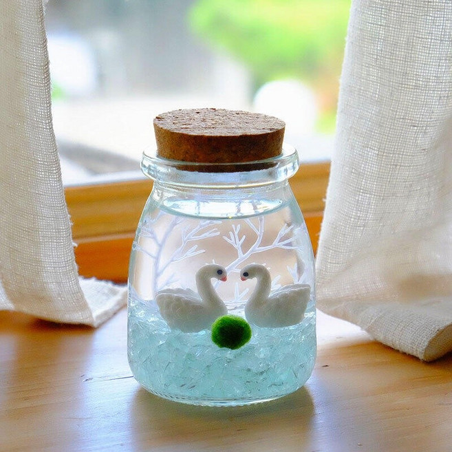 海藻球生態瓶 綠球藻 150ml 瓶水綠 1歲 1顆, 無燈:天鵝湖150ml瓶水綠1歲1顆