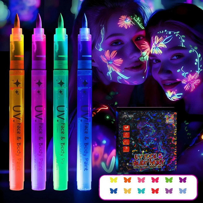 시스슈 야광 UV 발광 마커 세트 수용성 임시 문신펜 파티 축제 DIY 그라피티, 12개, 2.5ml