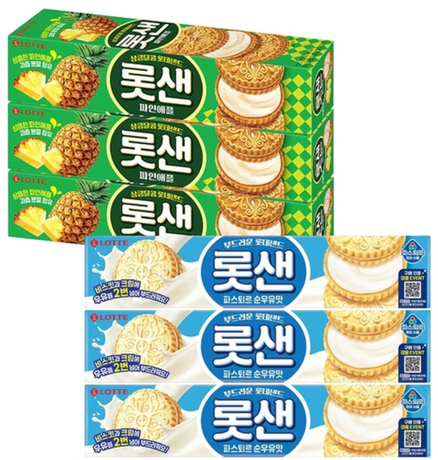 롯샌 파스퇴르 순우유맛 105g x3개+롯데샌드 오리지날 105g x3개, 1세트, 618g