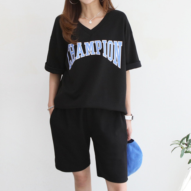 마이쏭 챔V넥티셔츠반바지세트 여성 트레이닝세트 루즈핏 허리밴딩 운동복 홈웨어 여름반팔반바지