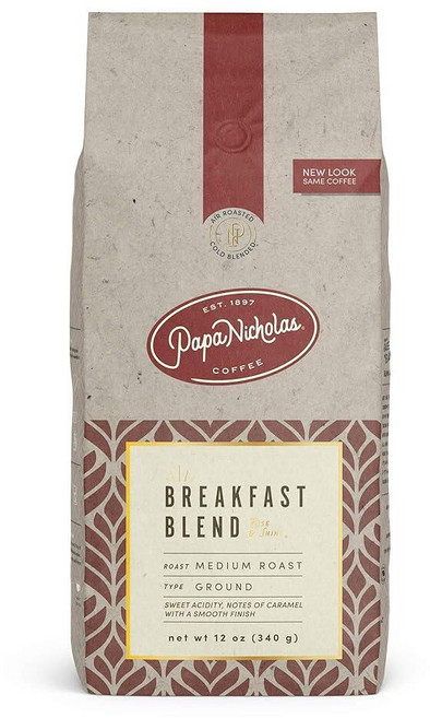 PapaNicholas Coffee 그라운드 커피 디카페인 헤이즐넛 크림 355ml12온스 221163, 브렉퍼스트 블렌드, 12 ounce (Pack of 1)