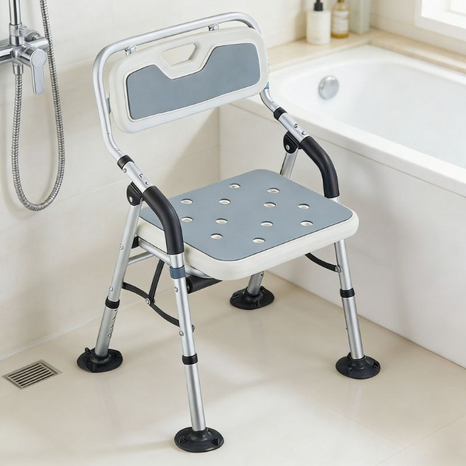 노인 임산부 안전 흡착식 미끄럼방지 4단계 높이조절 접이식 목욕의자 샤워스툴 (샤워기거치대 포함), 멜란지그레이
