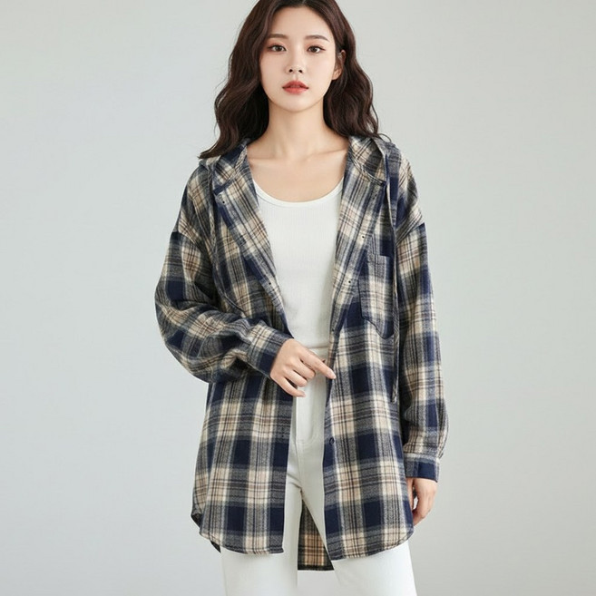 지디오 여성 후드 체크 셔츠 봄 가을 루즈핏 캐주얼 데일리 얇은 아우터