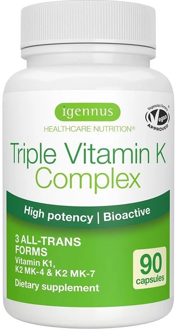Igennus 고강도 트리플 비타민 K 복합체 2700mcg K1 및 K2(MK-4 MK-7) 1-a-Day 클린 라벨 고급 생체 활성 형태 뼈 심혈관 지원 비건, Igennus 고강도 트리플 비타민 K 복합체 2700, 1개, 90정 - 쿠팡