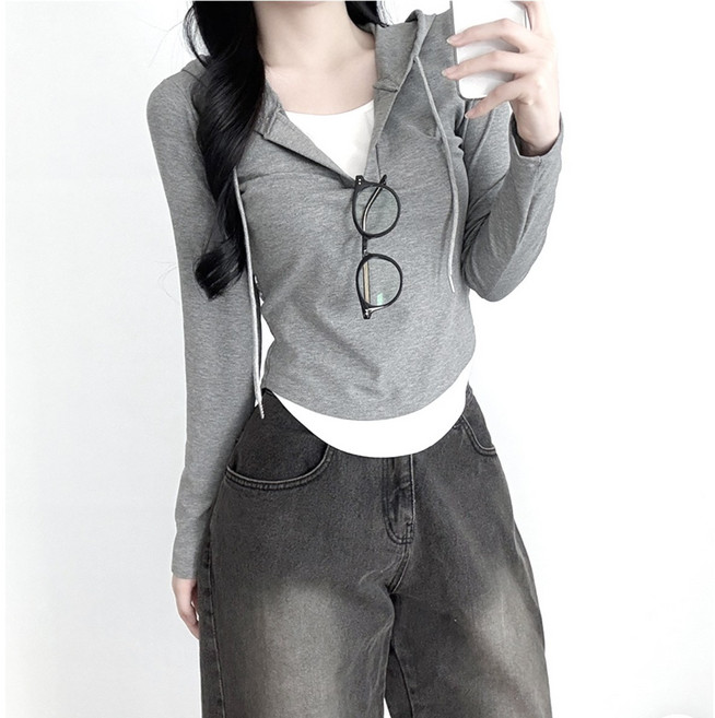 쪼예 꾸안꾸 데일리룩 후드 레이어드 언발 크롭 긴팔 티셔츠