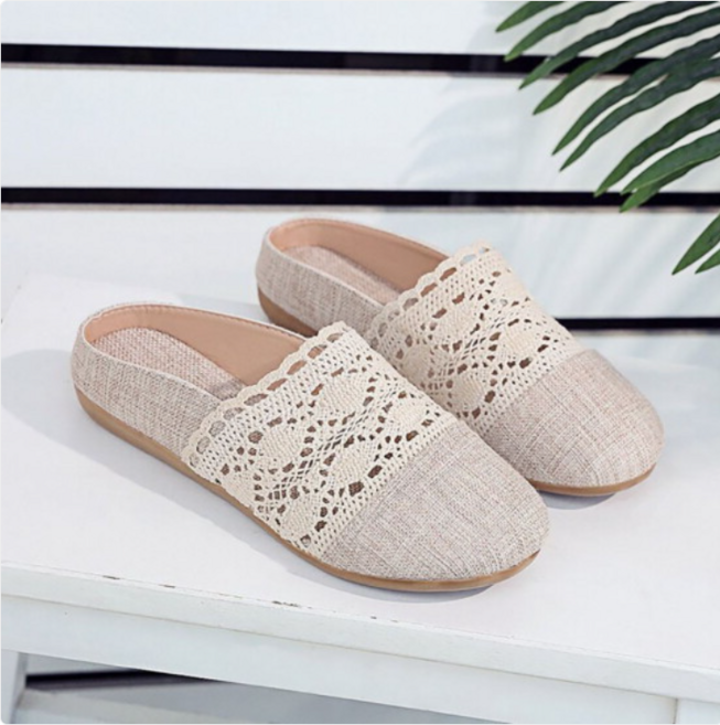 플라이슈 여름 라탄 린넨 소재 여성 레이스 뮬 슬리퍼 플랫 2cm 블로퍼 221