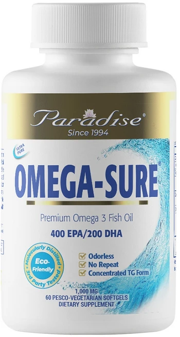 파라다이스 허브 오메가 슈어 프리미엄 피쉬 오일 1000 mg 60 페스코 베지소프트젤, 1개, 60정 - 쿠팡