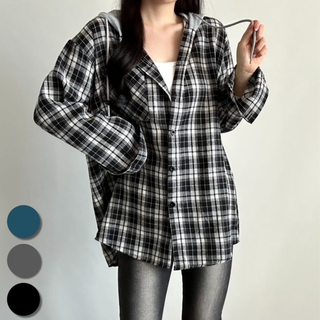 핏몬 여성 후드 오버핏 체크 박스 롱 셔츠 남방