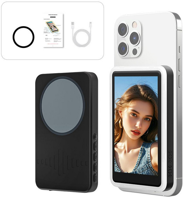 셀카모니터 미러링 라이브 촬영 카메라 셀피 여행 vlog 사진 맥세이프 생방송, 1개, 블랙 C92 보조 조명 버튼 포함