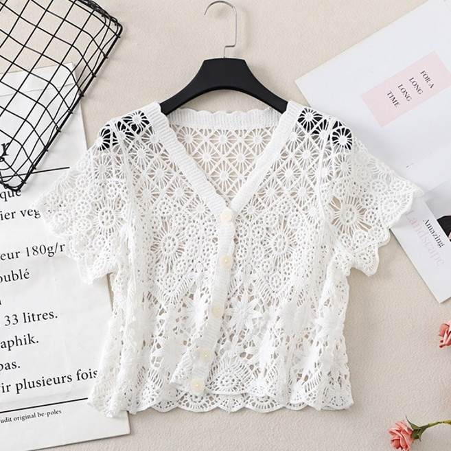 아이엠몽 여성 레이스 크로셰 반팔 가디건