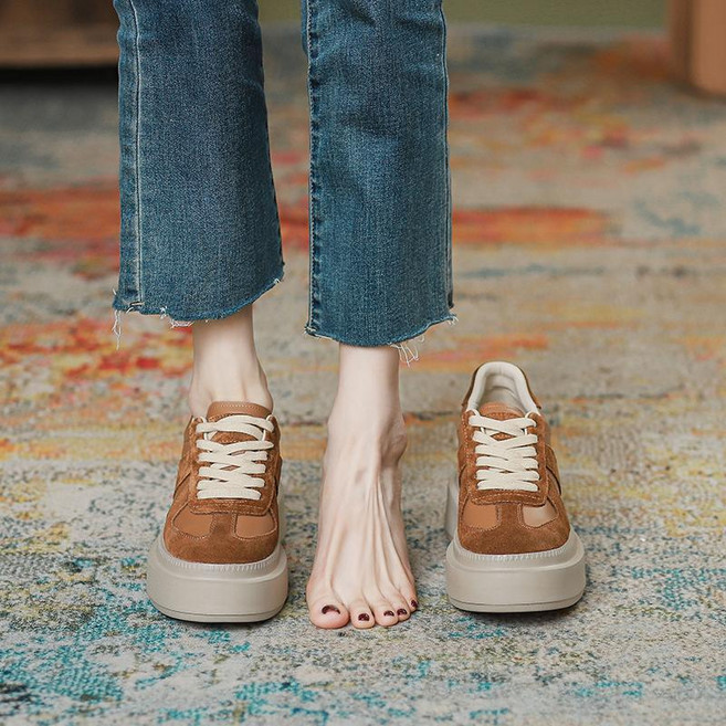 9cm여성키높이운동화 리얼레더 스웨이드 6cm 모던 심플 배색 통굽브라운 스니커즈