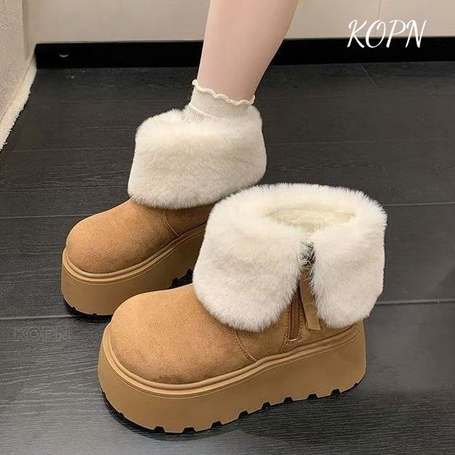 KOPN빈티지 기모 미끄럼 방지 두꺼운 바닥 스노우 부츠 여자 가을 겨울 패션 백합 편안한 송편 부츠