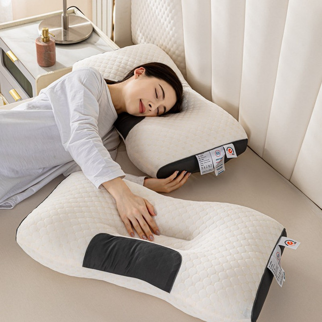 Hittem (1+1) C자형 인체공학 워터큐브 경추 베개 거북목 일자목 숙면 옆잠 베개, 화이트, 2개