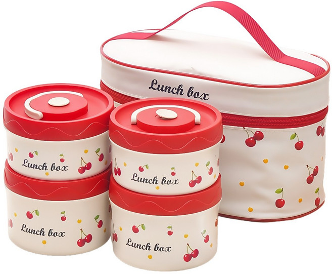 Thund Leod 스테인리스원형 보온도시락전자레인지사용가능 보온가방 세트 포함 직장인휴대용 런치박스, 1개, 체리 4단
