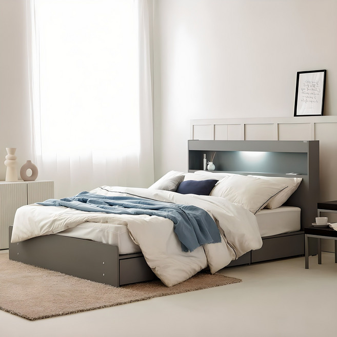 동서가구 이즈 카이 LED 1단 3서랍 수납침대 프레임 + 본넬 양면 매트리스 세트 방문설치, 그레이 + 화이트