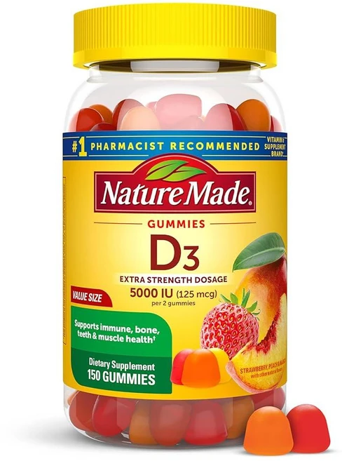 Nature Made 비타민 D3 1회 제공량당 5000 IU 젤리 엑스트라 스트렝스 뼈 및 면역 건강 지원 성인용 비타민 D 젤리 150개 75일 분량, Nature Made 비타민 D3 1회 제공량당 500, 1개 - 쿠팡
