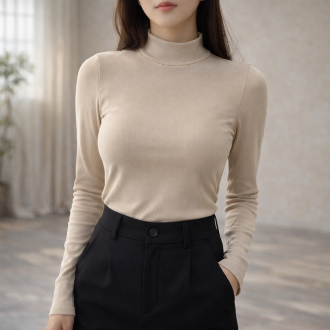 캡내장 소프트터치 여성 노브라 스판 터틀넥 반폴라티 반목폴라