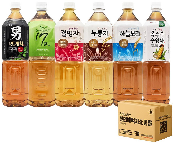 [한번에먹자] 대용량 1.5L 차음료 6종 혼합세트 광동 헛개차 + 광동 옥수수 수염차 + 남양 17차 + 웅진 하늘보리 + 결명자 + 누룽지 사무실 음료 가정용 업소용 탕비실, 6개