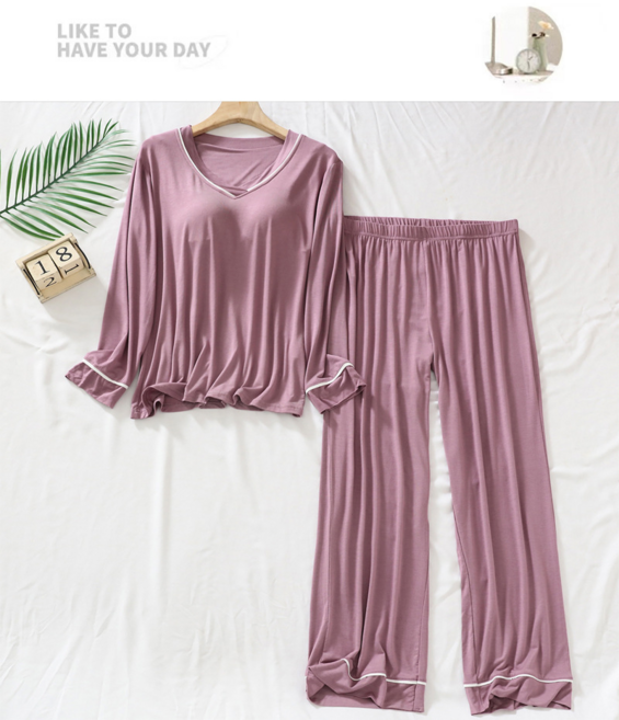 모달 잠옷 여성 봄 가을 긴팔 실내복 세트 패드 포함 노브라 루즈핏