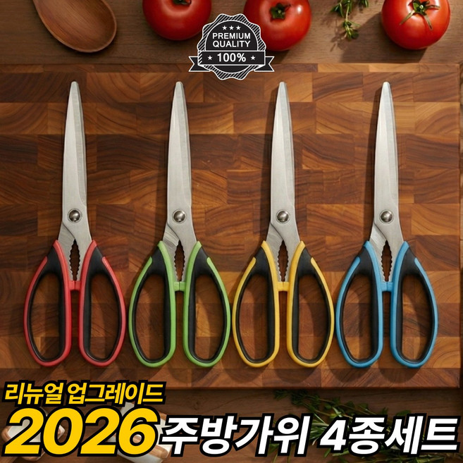 비코아 잘드는 싹둑 스텐 양손 주방가위 4종 세트 왼손잡이 겸용 S자 고리 증정, 4개, 빨강+파랑+초록+노랑
