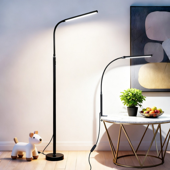 Flyaiku LED 거실 스탠드조명 스탠드&클램프식 겸용 높이조절 독서등 3색모드 밝기조절 눈보호 12W, 블랙