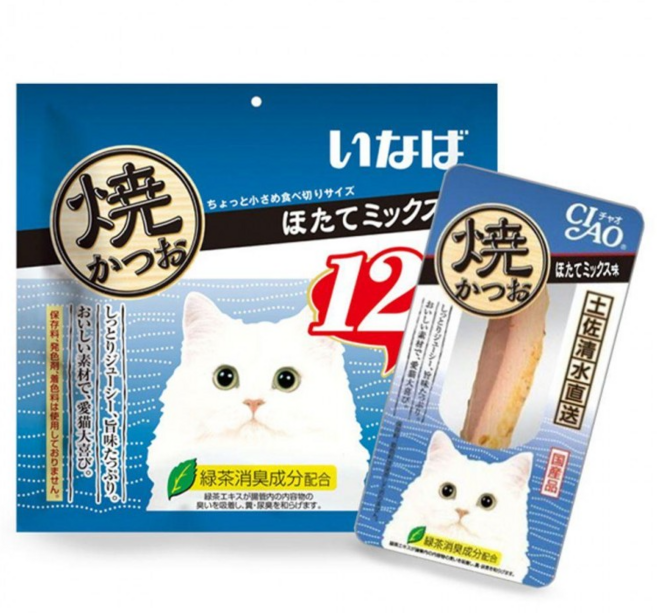 이나바 야끼가츠오 (((__)))고양이 간식 통살 파우치 가리비 관자믹스 12개입 X 4P 촉촉, 4팩