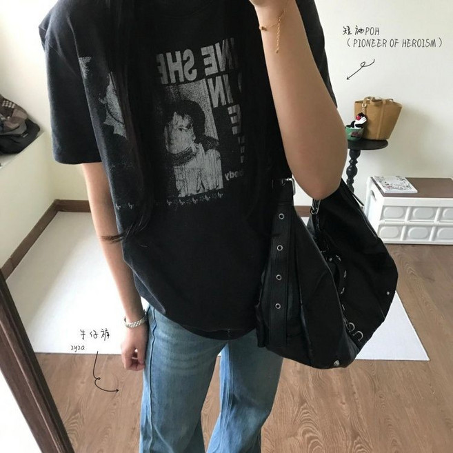 品牌外貿剪標尾單專櫃撤回 美式街頭嘻哈印花純棉重磅復古t恤上衣, 黑色,2XL 建議75.0-87.5公斤