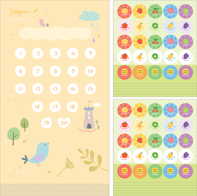 젤리박스 미니 칭찬판 칭찬스티커 12장, 미니아기새, 1세트