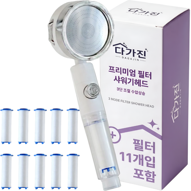 DAGAJIN 3단 수압상승 필터 샤워기 헤드+필터11p 세트 온오프 샤워기헤드, 화이트, 1개
