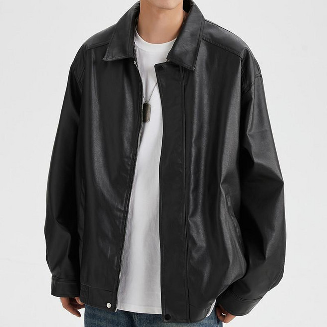 [퀸앤조이] 여성 봄가을 루즈핏 레더 러스크 베이직 에코 가죽 자켓 빅사이즈 데일리 캐주얼