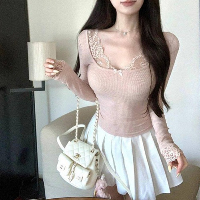 히또리 T4983 러블리 레이스 슬림 골지 긴팔티