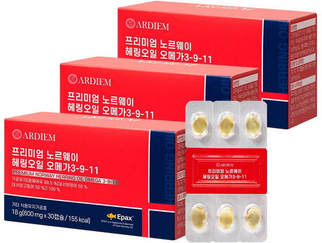 아르디엠 프리미엄 노르웨이 헤링오일 오메가 3-9-11 18g, 3박스, 30캡슐