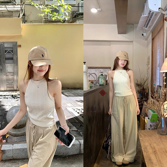 奈看服飾 設計感針織無袖削肩掛脖背心 - 大地色系三季可穿