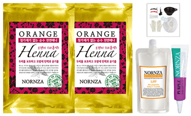 노른자 헤나염색약 오렌지다홍색 100g 2팩 + 헤나믹싱크림 300ml 1개 + 헤어앰플 퍼플 13ml 1개 + 염색도구 세트