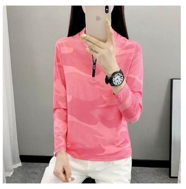 運動上衣女款夏季修身透氣薄款長袖T恤 吸濕排汗 彈性立領 速乾 大尺碼冰絲涼感衣 休閒跑步排汗衣